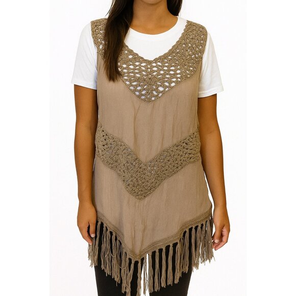 Womens Crochet Tunic Top Vest Brown Fringe Boho Lagenlook Fall Sleeveless Sz L - Picture 1 of 8